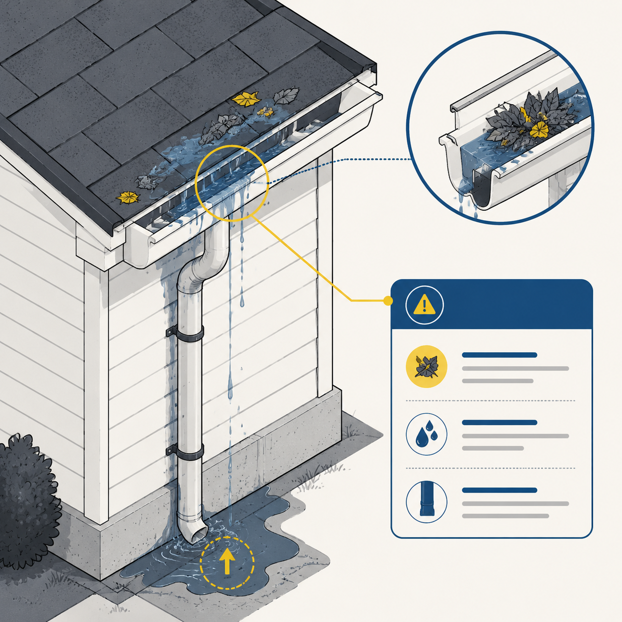 Rear gutter overflow — illustrative maintenance scene