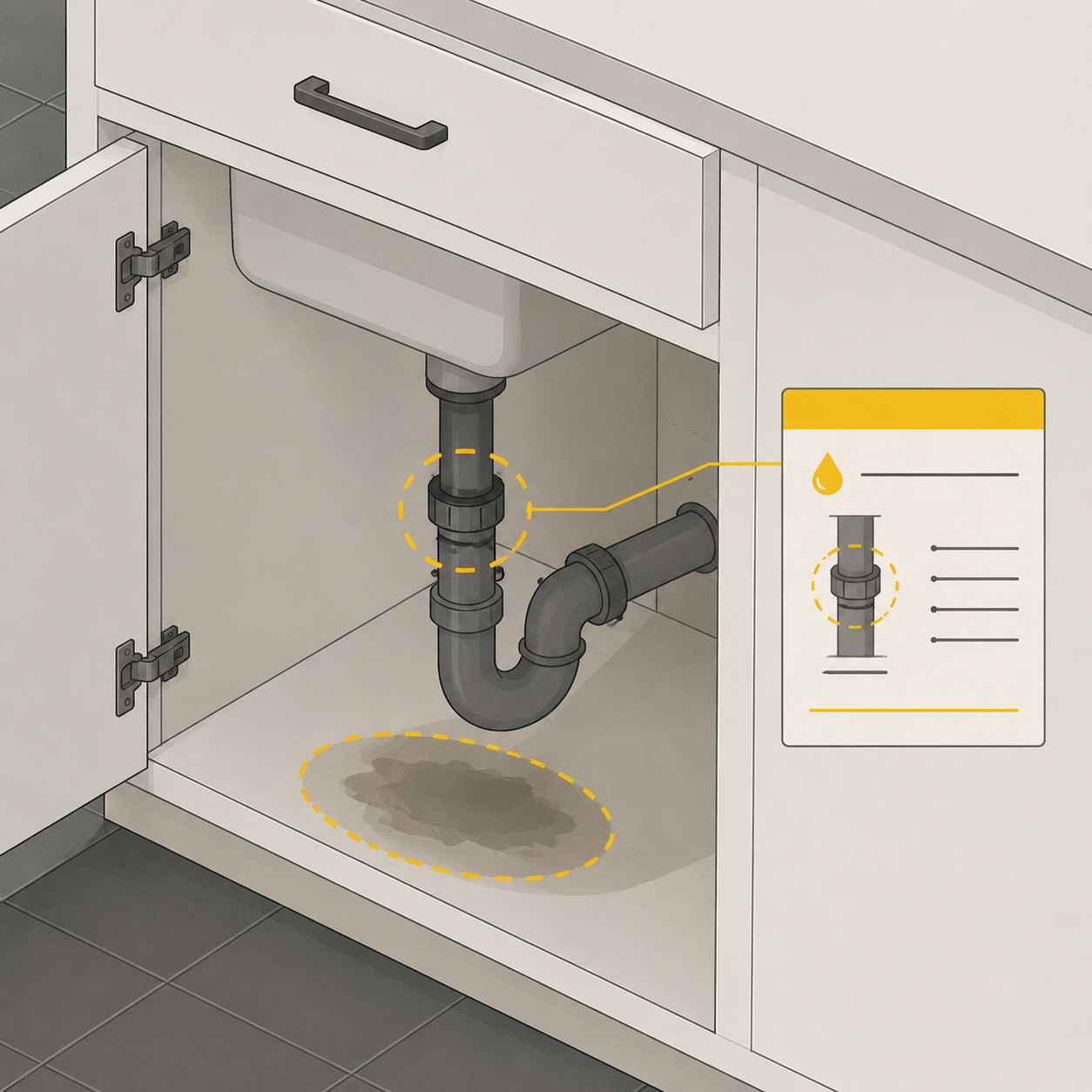 Sink drip under cabinet — illustrative maintenance scene